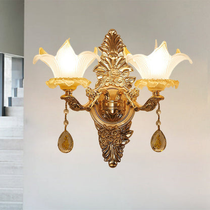 Vivolux | Gouden Lily Shade Wandlamp Traditionele Geribbelde Glas 1/2-Bol Woonkamer Wandlicht