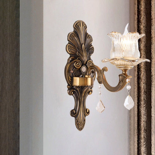 Vivolux | Einstellbare Wandlampe mit Blumen-Schirm klar prismatisches Glas traditionelle Nachttisch-Wandleuchte in antikem Messing