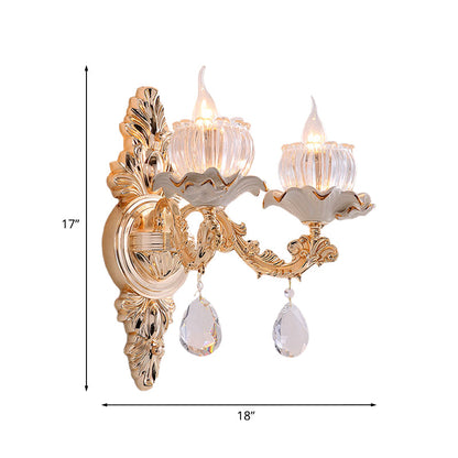Vivolux | Traditionelle Rüsch-Wandmontage-Leuchte 1/2-Kopf Klare gerippte Glas-Wandleuchte mit geschnitztem Arm in Gold