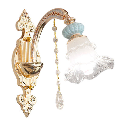 Vivolux | Blaue 1/2-Licht Wandleuchte Traditionelle Opal Mattglas Rüschensaum Wandlampe mit Keramikakzent