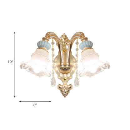 Vivolux | Blaue 1/2-Licht Wandleuchte Traditionelle Opal Mattglas Rüschensaum Wandlampe mit Keramikakzent