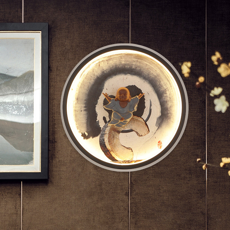 Vivolux | Asiatische Buddha Junge Wandlampe Aluminium Schlafzimmer LED Wandbeleuchtung mit Halo-Ring in Schwarz