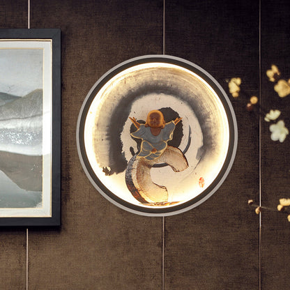 Vivolux | Asiatische Buddha Junge Wandlampe Aluminium Schlafzimmer LED Wandbeleuchtung mit Halo-Ring in Schwarz