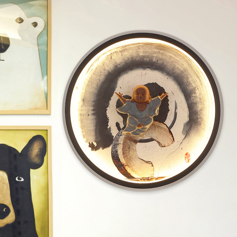 Vivolux | Asiatische Buddha Junge Wandlampe Aluminium Schlafzimmer LED Wandbeleuchtung mit Halo-Ring in Schwarz