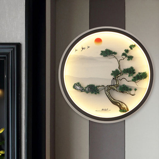 Vivolux | Grüne Kiefer Wandlampe Asiatische Metall LED Wandmontierte Lampe mit schwarzem Rundrahmen