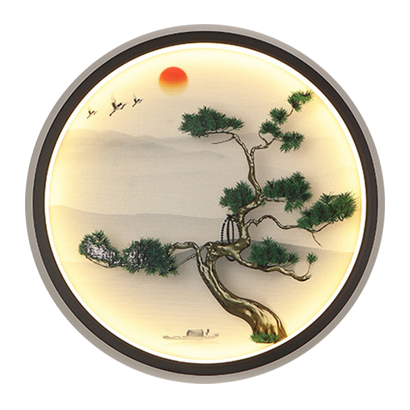 Vivolux | Grüne Kiefer Wandlampe Asiatische Metall LED Wandmontierte Lampe mit schwarzem Rundrahmen