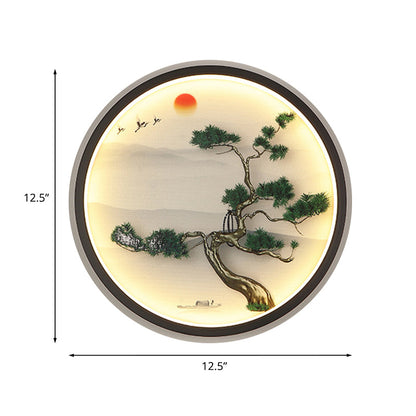 Vivolux | Grüne Kiefer Wandlampe Asiatische Metall LED Wandmontierte Lampe mit schwarzem Rundrahmen