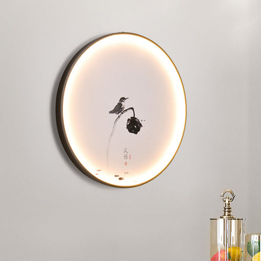 Vivolux | Vogel und Lotus LED Wandlicht Chinesischer Stil Aluminium Esszimmer Rund Flush Mount Wandleuchte in Schwarz