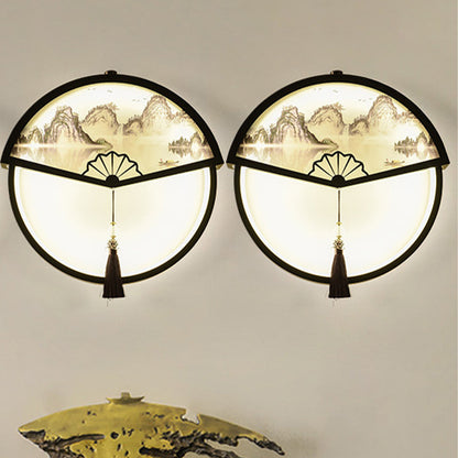 Vivolux | Boom/Berg Scene Wanddecoratie Lichte Chinese Metaal Zwarte Fan-Vormige LED Wandlamp met Kwast Knoop