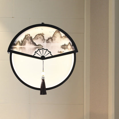 Vivolux | Boom/Berg Scene Wanddecoratie Lichte Chinese Metaal Zwarte Fan-Vormige LED Wandlamp met Kwast Knoop