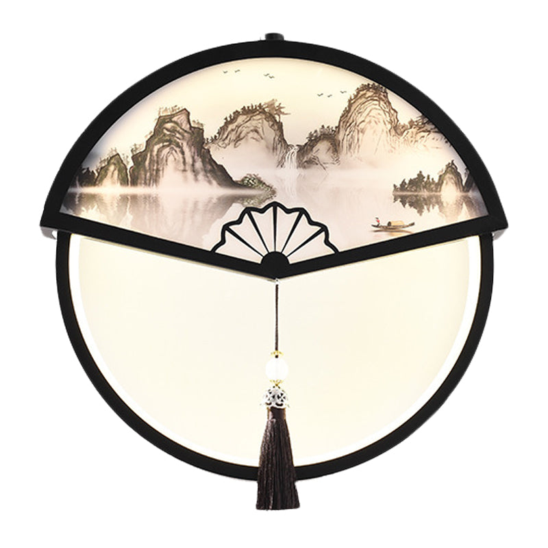 Vivolux | Boom/Berg Scene Wanddecoratie Lichte Chinese Metaal Zwarte Fan-Vormige LED Wandlamp met Kwast Knoop