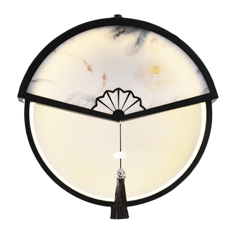 Vivolux | Boom/Berg Scene Wanddecoratie Lichte Chinese Metaal Zwarte Fan-Vormige LED Wandlamp met Kwast Knoop