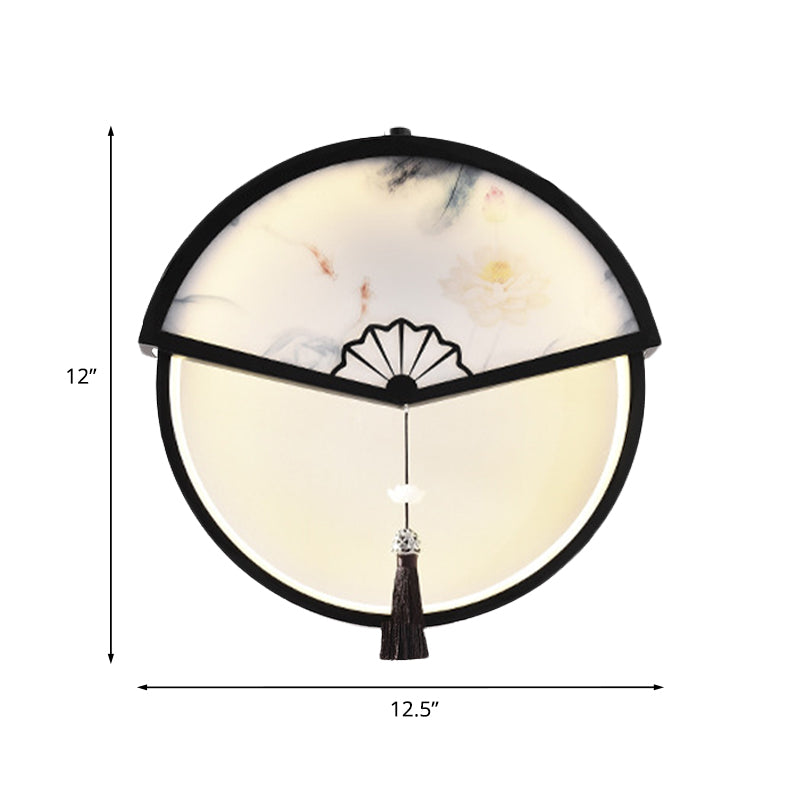 Vivolux | Boom/Berg Scene Wanddecoratie Lichte Chinese Metaal Zwarte Fan-Vormige LED Wandlamp met Kwast Knoop