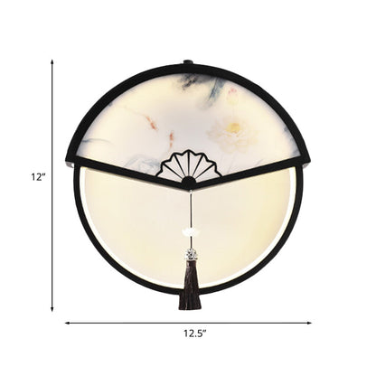 Vivolux | Boom/Berg Scene Wanddecoratie Lichte Chinese Metaal Zwarte Fan-Vormige LED Wandlamp met Kwast Knoop