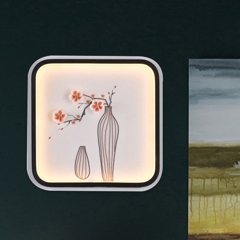Vivolux | Asia Plum Flower Vase Keramische Muur Licht LED Wandlamp met Zwart Vierkant Frame