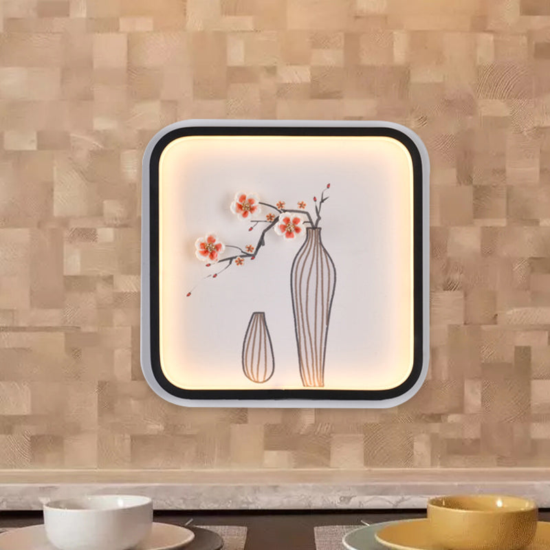 Vivolux | Asia Plum Flower Vase Keramische Muur Licht LED Wandlamp met Zwart Vierkant Frame