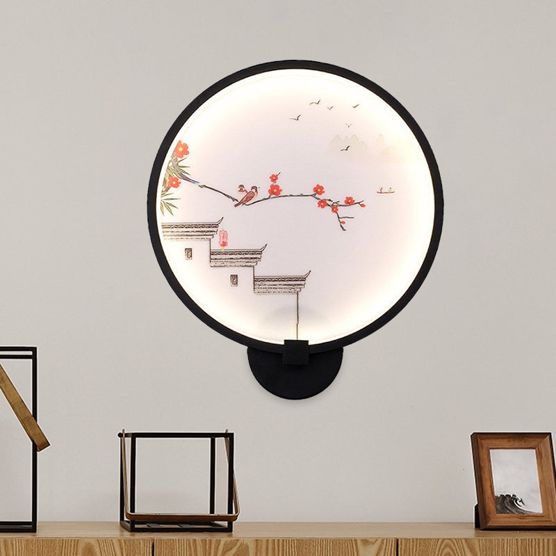 Vivolux | Chinesisches Tintenhaus/Lotus Wandmural Leichte Acryl Schlafzimmer LED Kreis Wandleuchte in Schwarz