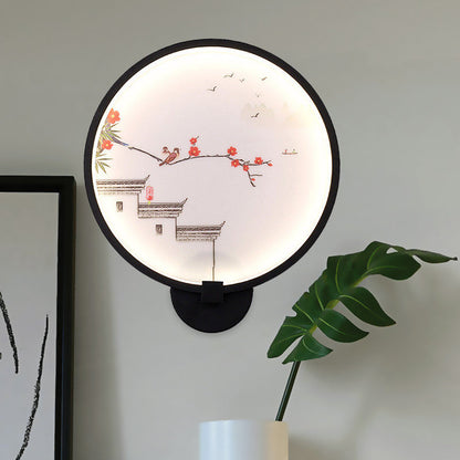 Vivolux | Chinesisches Tintenhaus/Lotus Wandmural Leichte Acryl Schlafzimmer LED Kreis Wandleuchte in Schwarz