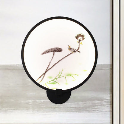 Vivolux | Chinesisches Tintenhaus/Lotus Wandmural Leichte Acryl Schlafzimmer LED Kreis Wandleuchte in Schwarz