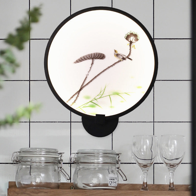 Vivolux | Chinesisches Tintenhaus/Lotus Wandmural Leichte Acryl Schlafzimmer LED Kreis Wandleuchte in Schwarz
