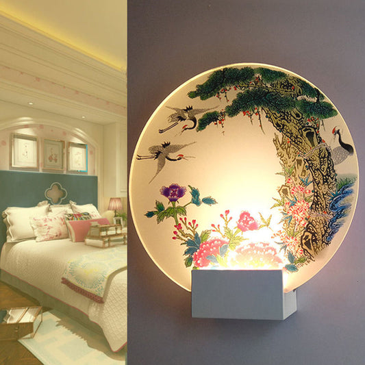 Vivolux | Witte Schijfvormige Wandgemonteerde Lamp Chinese LED Acryl Muurlicht met Halcyon en Pioenroospatroon