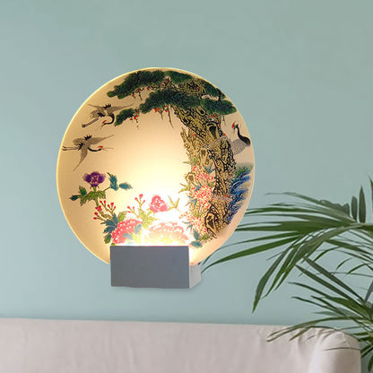 Vivolux | Witte Schijfvormige Wandgemonteerde Lamp Chinese LED Acryl Muurlicht met Halcyon en Pioenroospatroon
