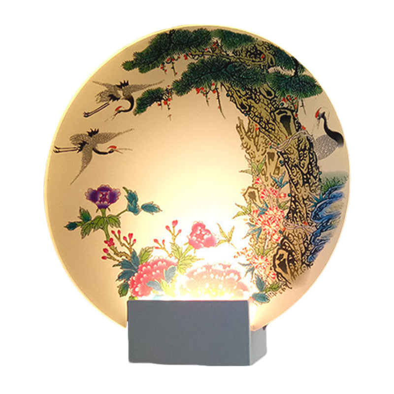 Vivolux | Witte Schijfvormige Wandgemonteerde Lamp Chinese LED Acryl Muurlicht met Halcyon en Pioenroospatroon