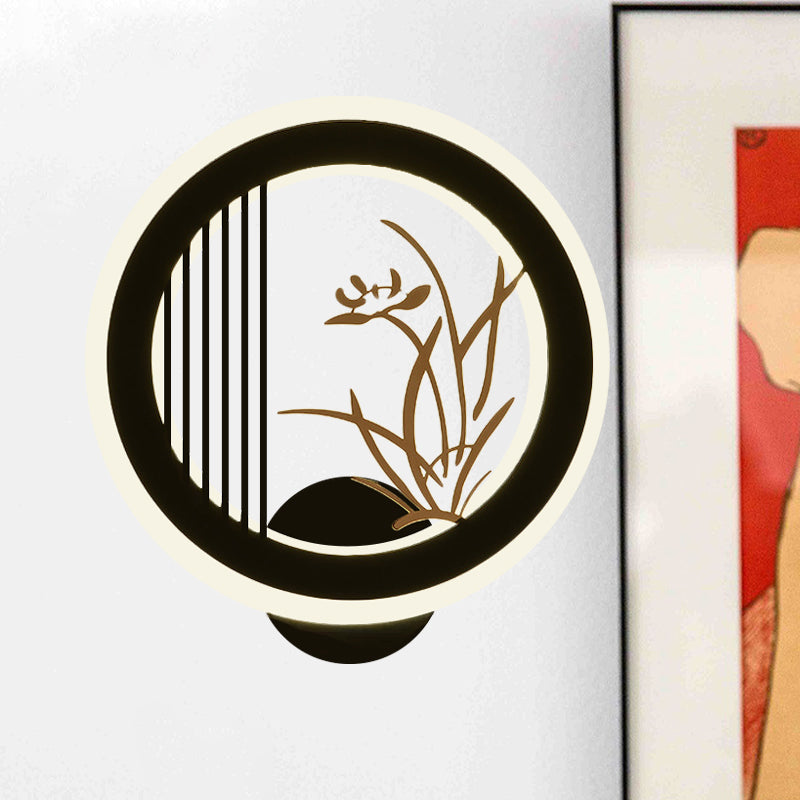 Vivolux | Chrysanths/Orchid Flower LED Muur Licht Chinese Acryl Woonkamer Hoepel Wandverlichting Fixture in Zwart