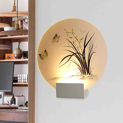 Vivolux | Mondförmige Acryl-Wandmontagebeleuchtung Asiatische Weiße LED-Wandlampe mit Schmetterlings- und Orchideenmuster
