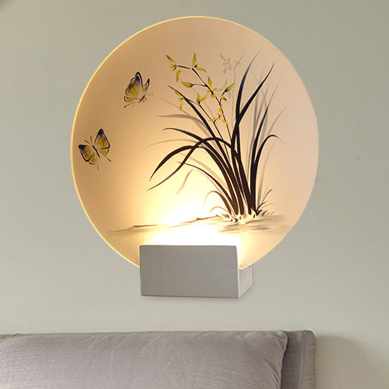 Vivolux | Mondförmige Acryl-Wandmontagebeleuchtung Asiatische Weiße LED-Wandlampe mit Schmetterlings- und Orchideenmuster