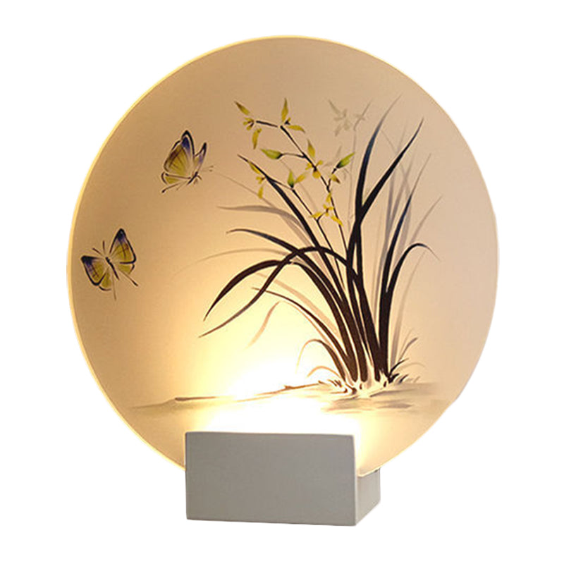 Vivolux | Mondförmige Acryl-Wandmontagebeleuchtung Asiatische Weiße LED-Wandlampe mit Schmetterlings- und Orchideenmuster