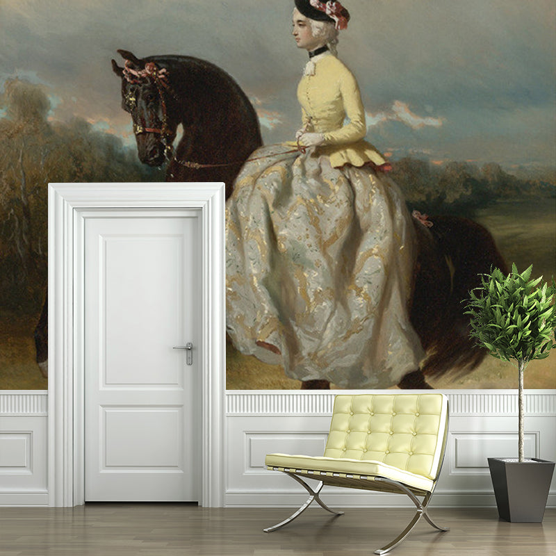 Vivolux | Vrouw op Prancerend Paard Muur Witte en Bruine Retro Stijl Wandbekleding voor Thuisdecoratie
