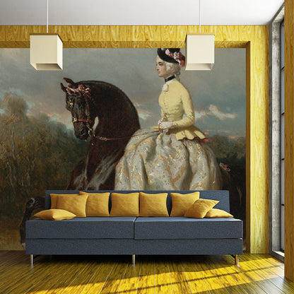 Vivolux | Vrouw op Prancerend Paard Muur Witte en Bruine Retro Stijl Wandbekleding voor Thuisdecoratie