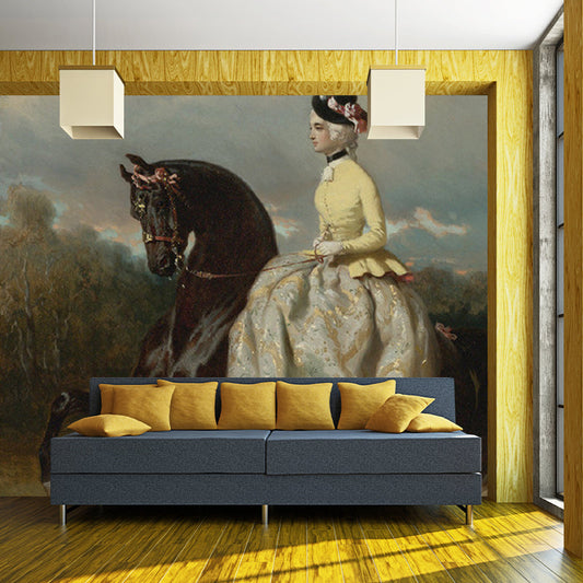 Vivolux | Vrouw op Prancerend Paard Muur Witte en Bruine Retro Stijl Wandbekleding voor Thuisdecoratie