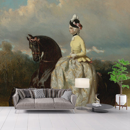 Vivolux | Vrouw op Prancerend Paard Muur Witte en Bruine Retro Stijl Wandbekleding voor Thuisdecoratie