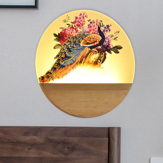 Vivolux | Runde Pfau/Blüten Wandbild Lampe Asien Stil Acryl LED Holz Wandmontage Leuchten für Schlafzimmer