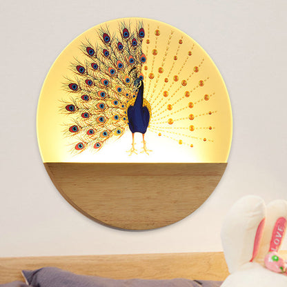Vivolux | Runde Pfau/Blüten Wandbild Lampe Asien Stil Acryl LED Holz Wandmontage Leuchten für Schlafzimmer