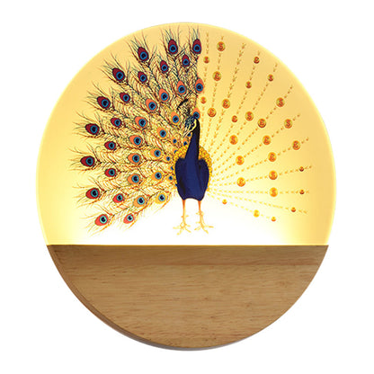 Vivolux | Runde Pfau/Blüten Wandbild Lampe Asien Stil Acryl LED Holz Wandmontage Leuchten für Schlafzimmer