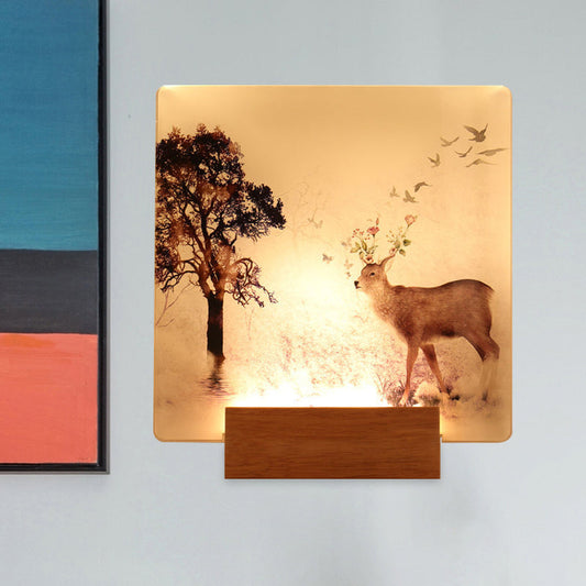Vivolux | Vierkant Hal Gang Geïnstalleerde Verlichting Acryl LED Oosterse Muurverlichting Licht in Bruin met Hert en Boom Patroon