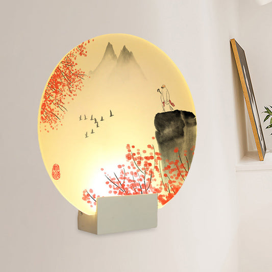 Vivolux | Oriental Style LED Mural Lamp mit Acrylshade Weiß Kreisförmig Berg und Blume Wandmontierte Beleuchtung