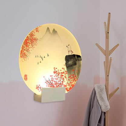 Vivolux | Oriental Style LED Mural Lamp mit Acrylshade Weiß Kreisförmig Berg und Blume Wandmontierte Beleuchtung