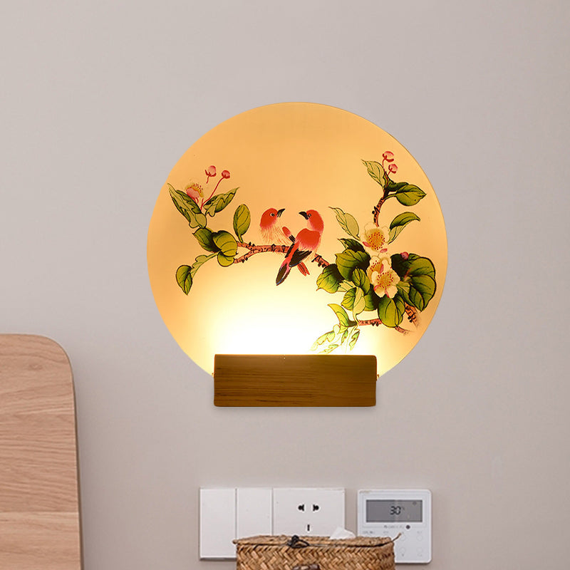 Vivolux | Acryl Circulaire Vogels en Bloemen Muurlamp Chinese LED Hout Wandgemonteerde Verlichting