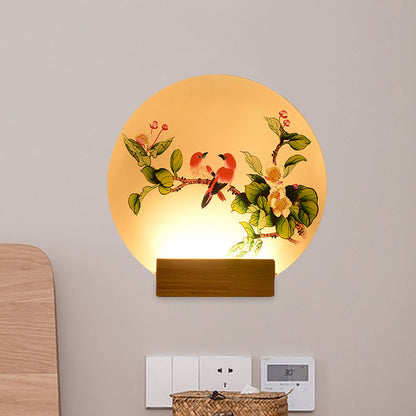 Vivolux | Acryl Circulaire Vogels en Bloemen Muurlamp Chinese LED Hout Wandgemonteerde Verlichting