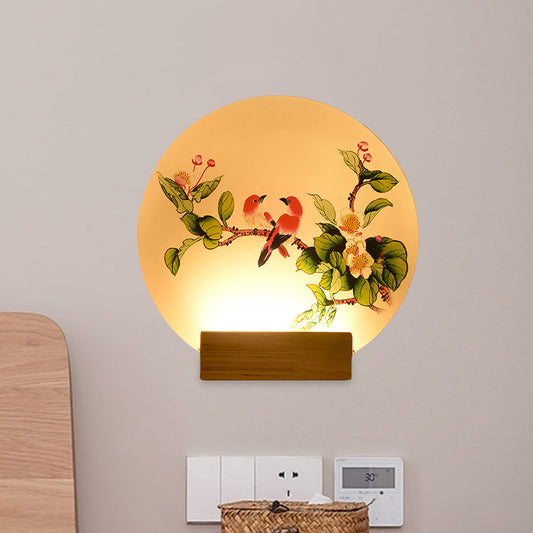 Vivolux | Acryl Circulaire Vogels en Bloemen Muurlamp Chinese LED Hout Wandgemonteerde Verlichting