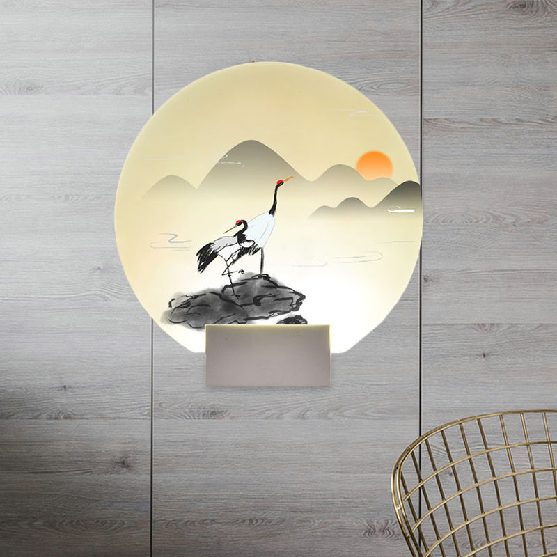Vivolux | Chinesischer Stil Runde Acryl Wandlicht LED Wandmontierte Lampe in Weiß mit Berg- und Kran-Design