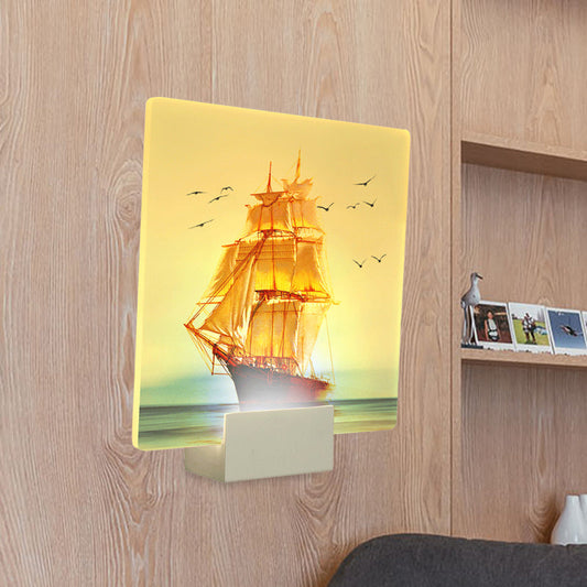 Vivolux | Weiße quadratische Wandmalerei Licht orientalischer Stil LED Acryl Segelboot und Meer Wandlampe