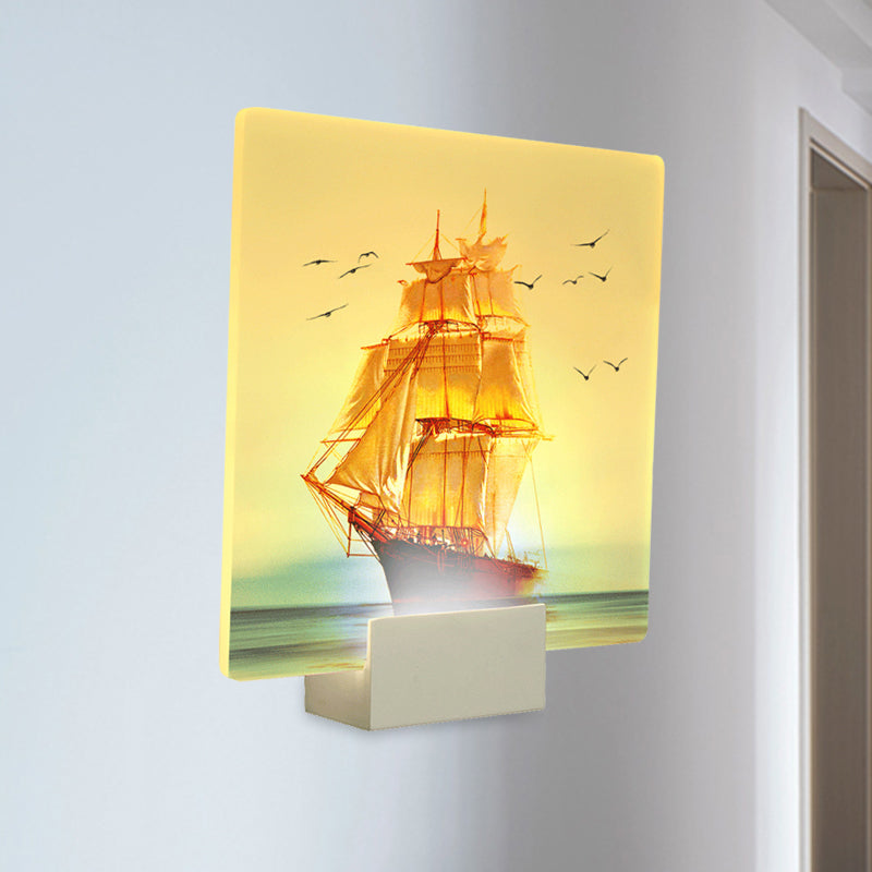 Vivolux | Weiße quadratische Wandmalerei Licht orientalischer Stil LED Acryl Segelboot und Meer Wandlampe