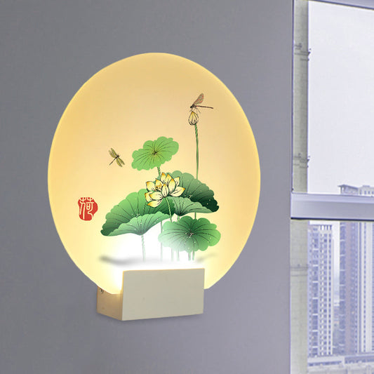 Vivolux | Asia Style Circulaire Wandverlichting Acryl LED Wanddecoratie Licht in Wit met Lotusblaadje en Libelle Patroon