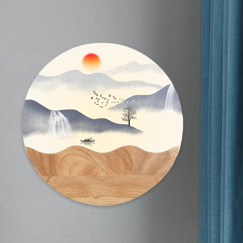 Vivolux | Runde Acryl Wandleuchte Asiastil LED Holz Wandmosaiklicht mit Berg/Zweig-Muster