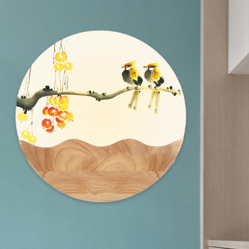 Vivolux | Runde Acryl Wandleuchte Asiastil LED Holz Wandmosaiklicht mit Berg/Zweig-Muster